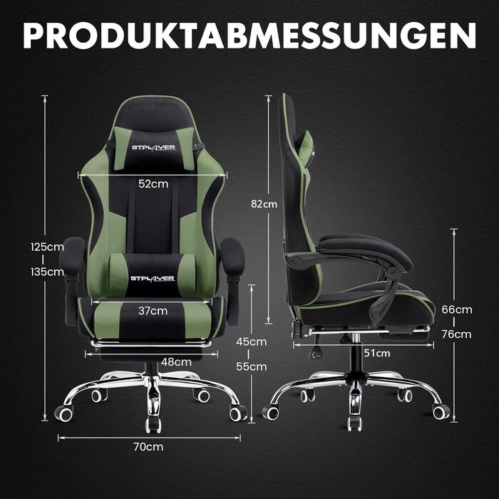 Ігровий крісло GTPLAYER з масажем, підніжка, підголовник, поперекова подушка, оббивка з тканини, білий/зелений