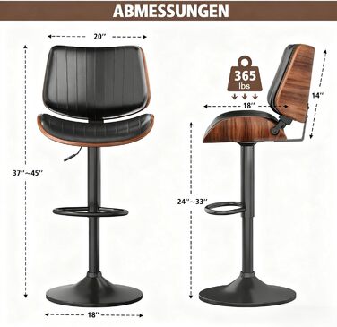Набір з 2 барних стільців GIKPAL з дерев'яною спинкою та шкіряним сидінням, обертаються, чорний