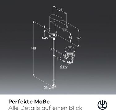 Змішувач для ванної кімнати KLUDI-X1 з витяжним зливом, висота виливу 75 мм, водозберігаючий кран, розмір S, керамічний картридж, для раковини, з підвідними шлангами, хром S
