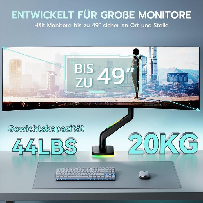 Кріплення для монітора ARES WING Ergonomic RGB, 17-49 дюймів, регульоване по висоті, поворотне, нахилене, RGB LED (білий/чорний)