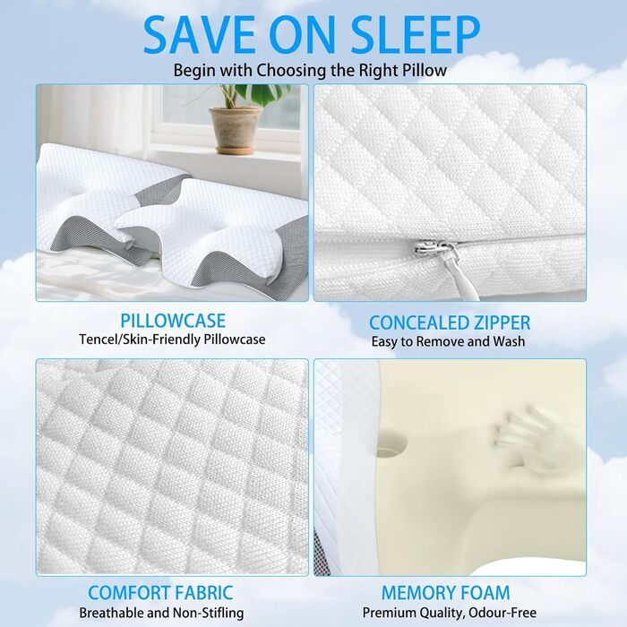 Ортопедична подушка для шиї Tbintul з Memory Foam, ергономічна подушка для сну, зменшує біль у шиї, для тих, хто спить на боці, спині та животі, покращує якість сну, чорний/білий колір