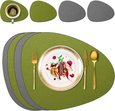 Набір з 6 підставників під тарілки, водонепроникні, з підставками, двосторонні, з імітацією шкіри, для обіднього столу, кухні, ресторану та дому (6 шт, зелений&сірий)