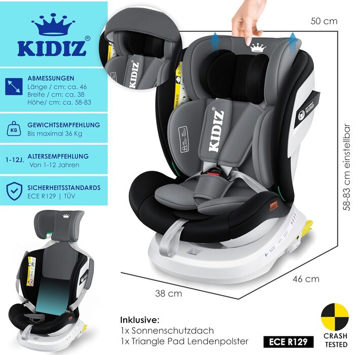 Автокрісло KIDIZ® i-Size ECE R129 для дітей 0-12 років (0-36 кг), 360° обертання, Isofix, Top Tether, 5-точкові ремені, з сонцезахистом, чорне