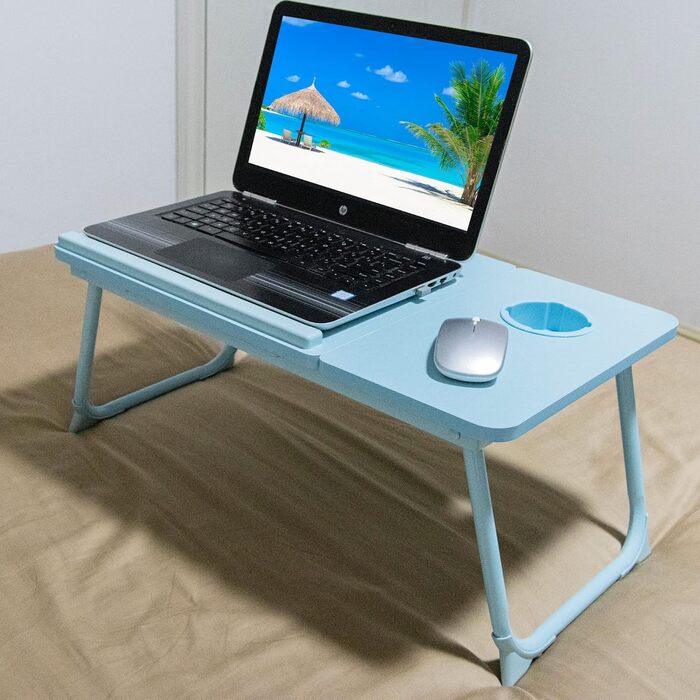 Стіл для ноутбука на ліжко з регульованими ніжками та тримачем для чашки, підставка для читання, стіл для сніданку на диван, ліжко, терасу, балкон (Білий, Синій)