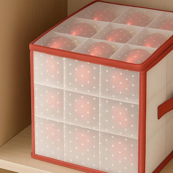 Коробка для зберігання 32 новорічних кулі - органайзер для прикрас на ялинку COM-FOUR - прозора/червона