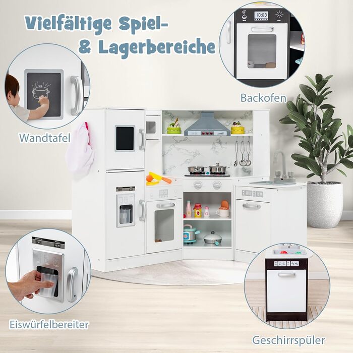 Дерев'яна дитяча кухня DREAMADE з аксесуарами, кухонний куточок з плитою, духовкою, мийкою та дошками для письма, ігровий набір з підсвіткою та звуком для дівчаток від 3 років (білий)