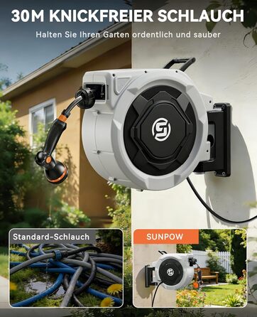 Шланговий барабан SUNPOW настінний 30м для саду, тераси та двору. Автоматичний намотувач шланга 16 мм з фіксацією, поворотна стійка 180°, 10-функціональна насадка для поливу.