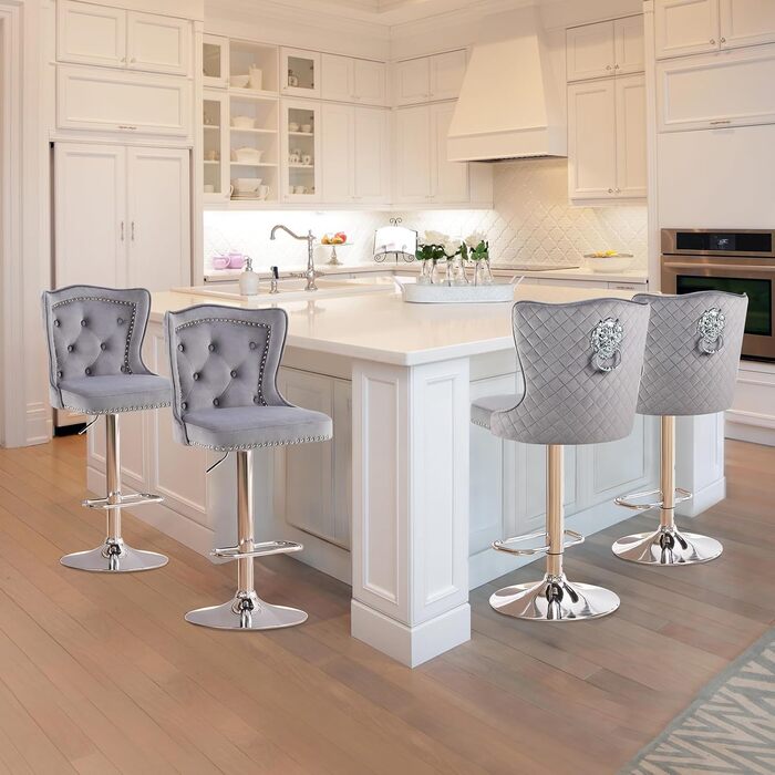 Набір з 2 барних стільців Samt - сучасні стільці для бару з високою спинкою, оббивка велюром, регульована висота, сірий