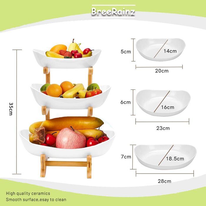 Фруктовий кошик BreeRainz 3 поверхи, керамічна кошик для фруктів з бамбуковою підставкою, сучасна ваза для фруктів для десертів, овочі (білі)