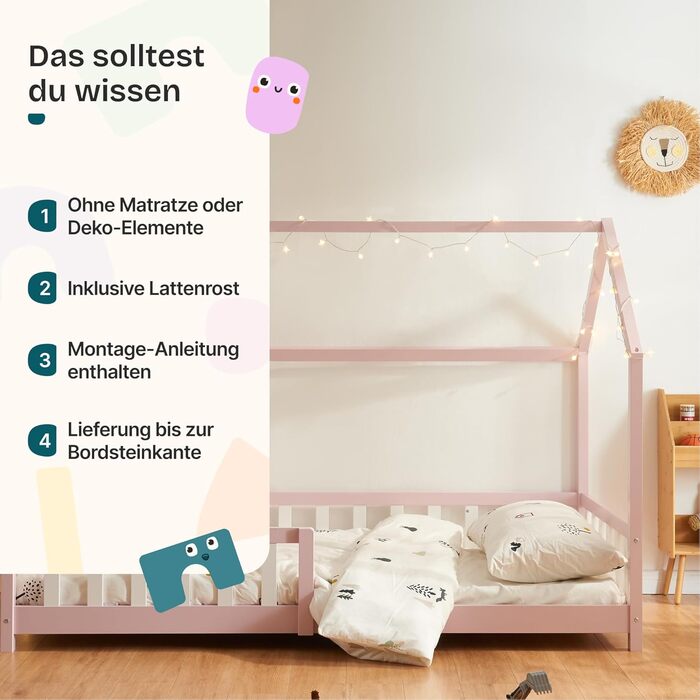 Дитяче ліжко en.casa Hesel для дітей, рожеве, 90x200 см, з бортиками та ламелями, Montessori, дерев'яне, Hausbett