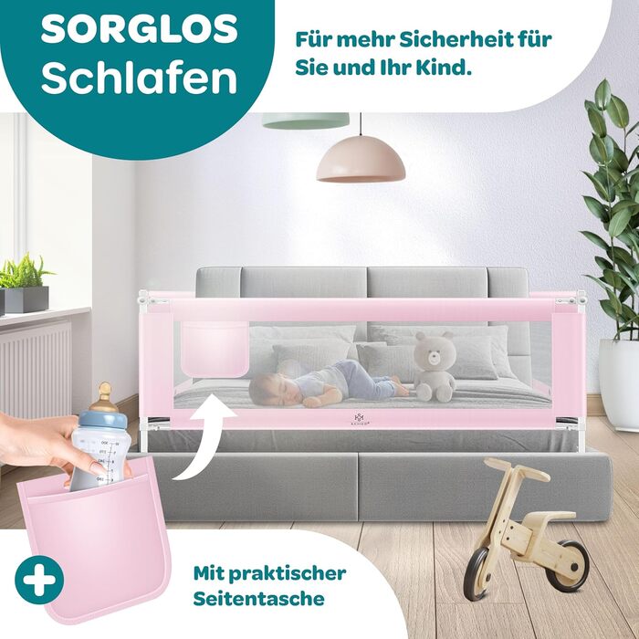 Захисний бортик для ліжка KESSER® 150 см, сітчастий бортик для дитячого ліжка, складаний та регульований по висоті, захист від випадання для немовлят та дітей (Рожевий, 180 см)