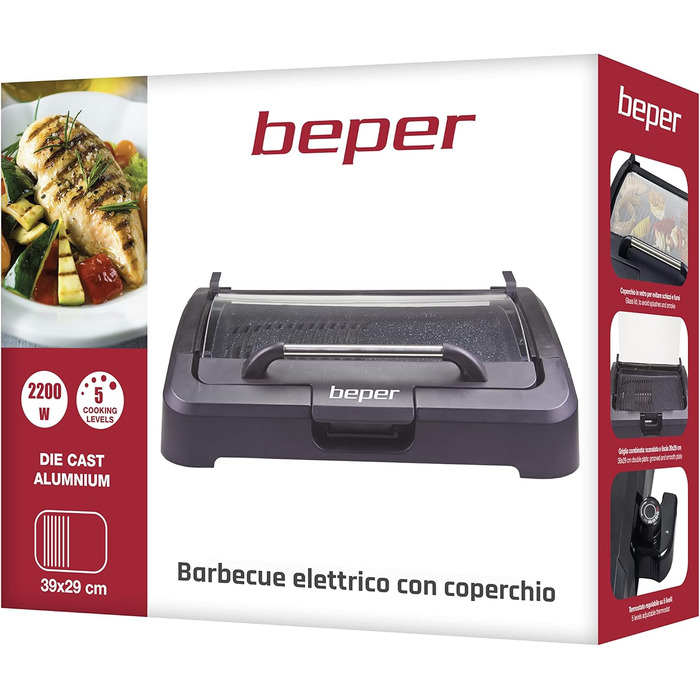 Електрогриль BEPER 90.871 з кришкою, антипригарна поверхня, нержавіюча сталь, 2200 Вт, чорний