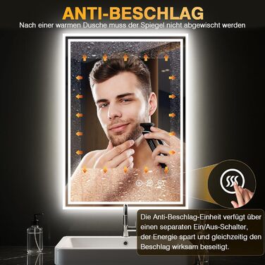 LED дзеркало для ванної кімнати з підсвічуванням 50x70 см, 3 кольори світла, регулювання яскравості, проти запотівання, сенсорне/кнопкове керування