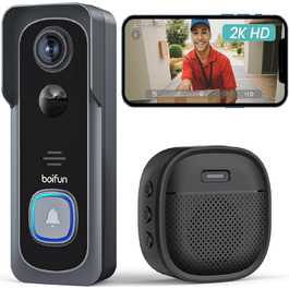 Відеодзвінок BOIFUN з камерою, 2K-HD, Wi-Fi, PIR-датчик руху, 2-сторонній аудіо, сумісний з Alexa, SD/Cloud-пам'ять, з дзвінком, чорний