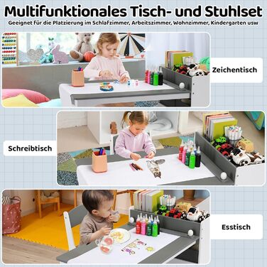 Дитячий стіл Mamizо з 2 стільцями, стіл для малювання та рукоділля, комплект меблів у дитячу кімнату, ігровий стіл з місцем для зберігання для дітей від 3 років (сірий, білий)