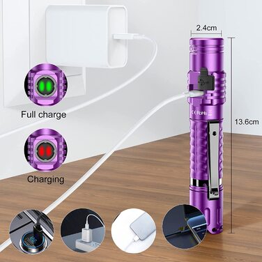 Тактичний Світлодіодний ліхтарик, що перезаряджається, 2000 люмен дальній ліхтарик, sft40 Світлодіодний ліхтарик з хвостовим тактичним перемикачем, IPX8 водонепроникний, (фіолетовий), 12