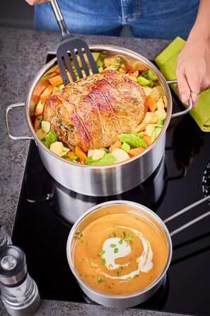 Набір каструль RÖSLE Basic Line 4 шт. з нержавіючої сталі 18/10, склокришки, зручний бортик, індукційне дно, придатний для миття в посудомийній машині, сріблястий/чорний