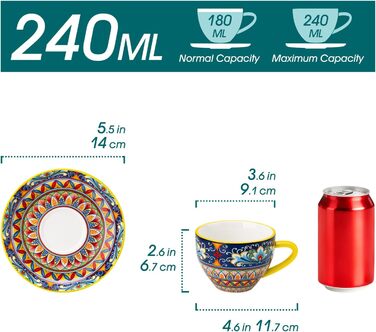 Набір кавових чашок капучіно Vancasso SIMI 6 шт. з блюдцями, 240 мл, порцеляна, для 6 осіб, мікрохвильова піч, богемський стиль