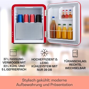 Міні-холодильник Klarstein 32 л, ретро дизайн, тихий, для напоїв і косметики, з морозильною камерою