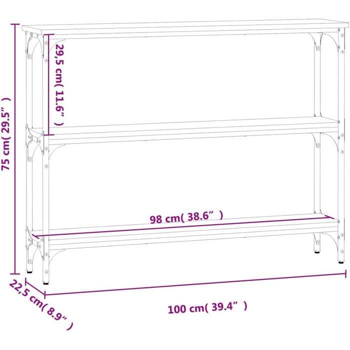 Консольний стіл FENLAX 100x22.5x75 см з полицями, вузький, матеріал на основі дерева та метал, дуб копчений, чорний