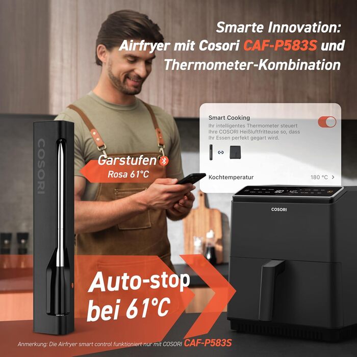 Термометр для м'яса COSORI Smart - бездротовий, Bluetooth, для фритюрниці, приготування на грилі та духовці, чорний