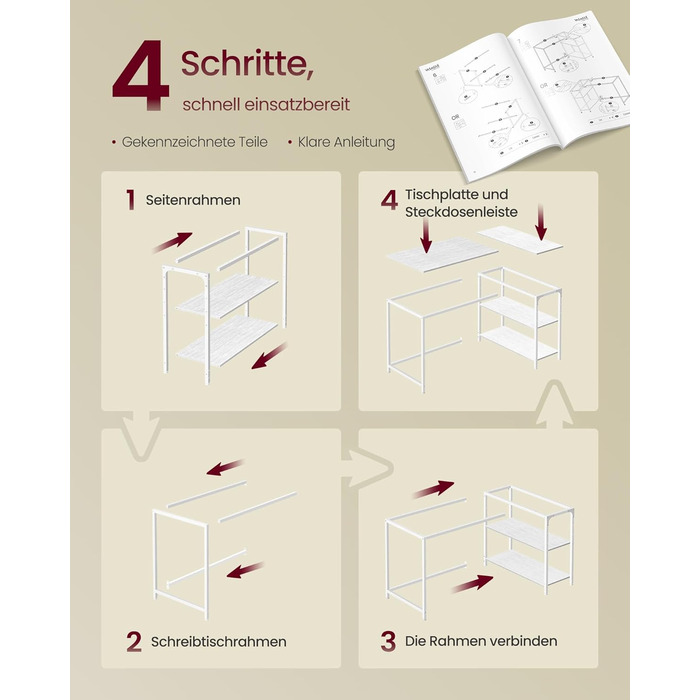 Кутовий стіл VASAGLE L-подібної форми з полицею, для офісу вдома, 110 x 80 см, колір: Акорн-білий