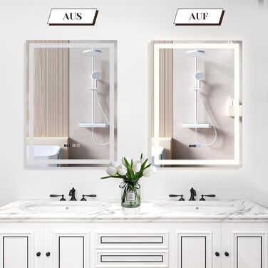 Дзеркало для ванної кімнати Mursche з підсвічуванням LED, 50x70 см, IP44, сенсорний вимикач, годинник, протитуманна функція, регулювання яскравості, 3000K-6500K, прямокутна форма