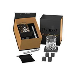 Подарунковий набір TWHISKY Premium Whisky Stone - 1 стакан для віскі об'ємом 300 мл, 4 багаторазових каменю для віскі з натурального б