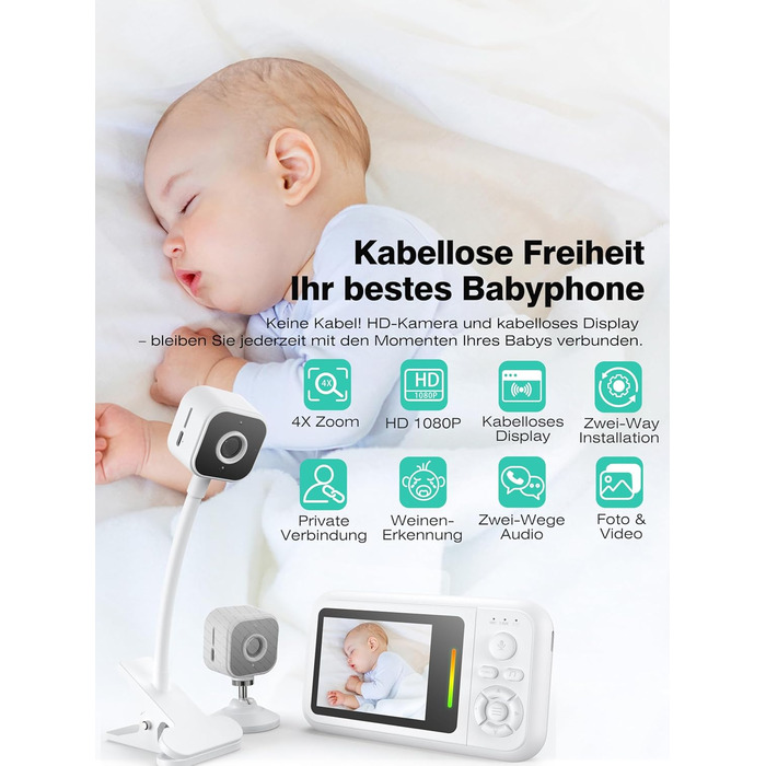 Відеоняня з камерою 1080P без Wi-Fi: монітор, тримач, кліпса для ліжечка, двосторонній звук, датчик температури, виявлення плачу, нічне бачення, 8 колискових, запис фото/відео, SD-карта в комплекті (біла)