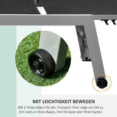 Шезлонг для відпочинку, садовий шезлонг, регульована спинка (5 положень), алюмінієвий каркас, чорний колір, розміри 202 x 65 x 43 см