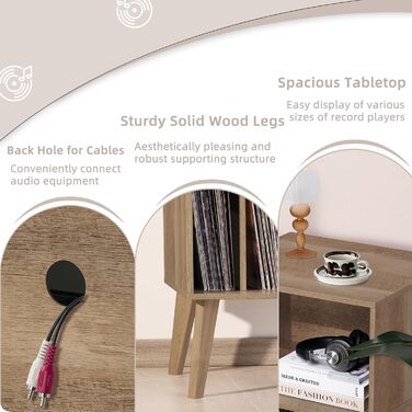Підставка для програвача вінілу: місце для 160 платівок, органайзер для вінілових платівок, Mid-Century дизайн, дерев'яні ніжки, полиця для програвача, білий (дуб)