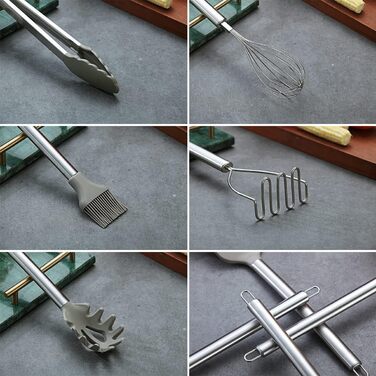 38-ти елементний набір кухонного посуду з силікону з підставкою для кухонних аксесуарів, силіконовими головками та нержавіючими ручками. Набір кухонних помічників (сріблястий)