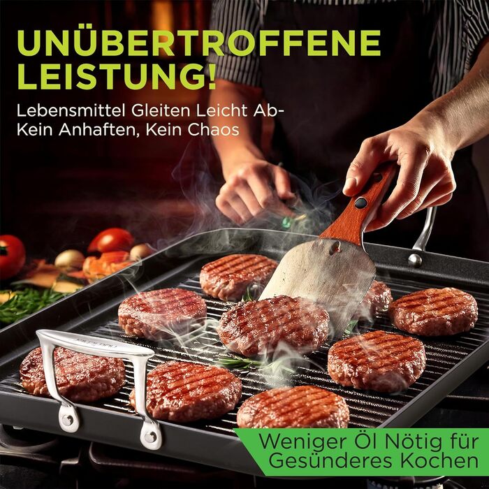 НутріШеф Гриль-плита 56 см – чавунна сковорода-гриль з антипригарним покриттям та жолобками для збору жиру, стійка до високих температур. Підходить для газового гриля, плити, BBQ та приготування їжі в приміщенні.
