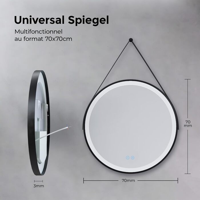 Круглий дзеркало для ванної кімнати з підсвічуванням 60см, LED, диммування, сенсорне управління, чорна рама, знімна стрічка, 70x70 см, 3 кольори світла