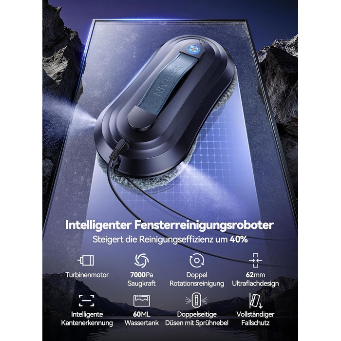 Робот для миття вікон Yeerain з функцією розпилення, потужність всмоктування 7000Pa, тиха робота, 3 режими очищення, інтелектуальна навігація, розпізнавання країв, в комплекті 10 мікрофібрових серветок сірого кольору 'Зоряне небо'