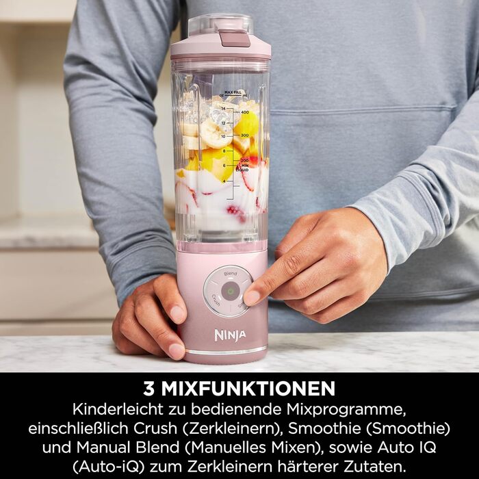 Портативний блендер Ninja Blast Max: 570 мл, акумулятор, чаша та кришка, 3 функції, для смузі та протеїнових коктейлів, рожевий (BC251EULD)