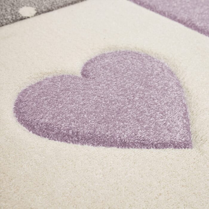 Дитячий килим килим Дитяча кімната пастельний 3D ефект точки серця зірки сірий, Розмір (200x290 см, фіолетовий)