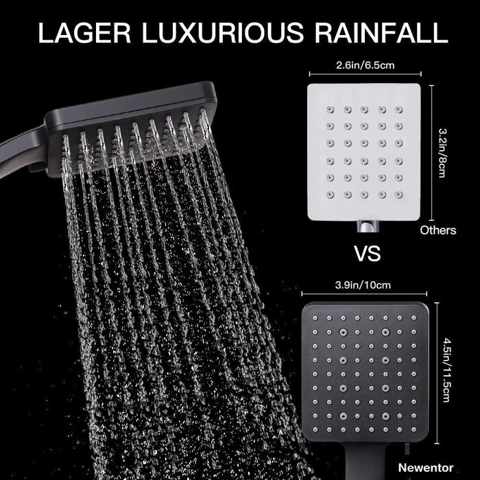 Насадка для душу Newentor: велика дощова лійка, ручна насадка, економна, високий тиск, 6 режимів, чорний колір