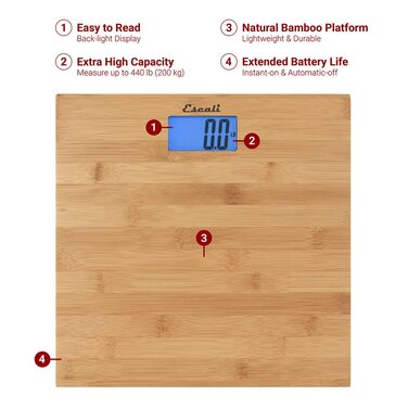 Ваги для ванної Escali ECO200, екологічні, цифрові, 200 кг, бамбук, 30x30x3 см