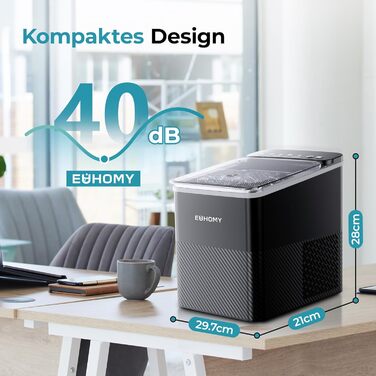 Машина для приготування льоду EUHOMY, компактний дизайн, однокнопкове керування, 9 кубиків льоду у 2 розмірах, автоматичне очищення, інтелектуальні сповіщення, прозорий кришка, чорний колір, для офісу/кухні/спальні, продуктивність 12 кг/24 год