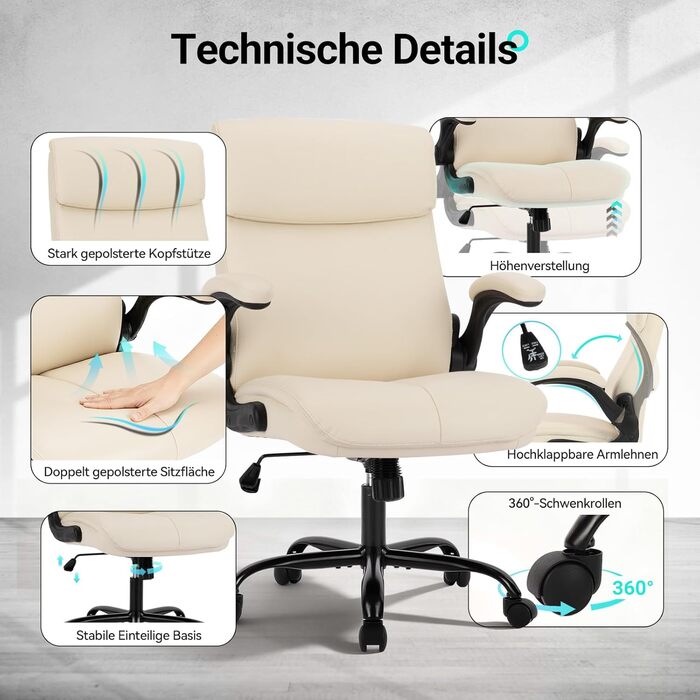 Офісний крісло Colamy: ергономічне, з високою спинкою, регульовані підлокітники, шкіряне покриття (слонова кістка)