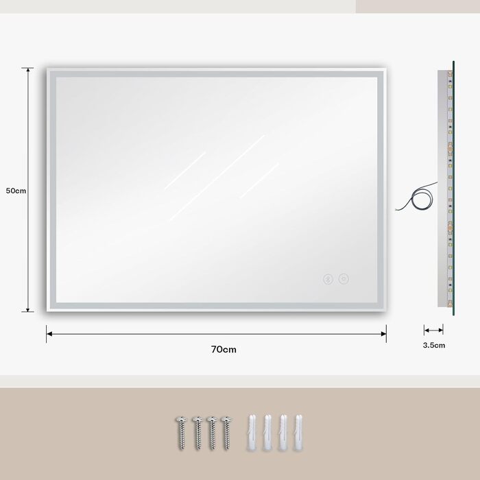 Дзеркало для ванної кімнати з LED-підсвічуванням Dripex 50x70 см, сенсорне управління, протитуманне покриття, Bluetooth, розетка, 3 кольори світла