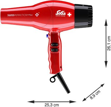Фен Solis Swiss Perfection Plus 3801 - 3 температури та 2 рівня вентилятора - Розумний глушник - Кнопка холодного повітря - Двигун змінного струму - 2300 Вт - Іонний фен - Червоний