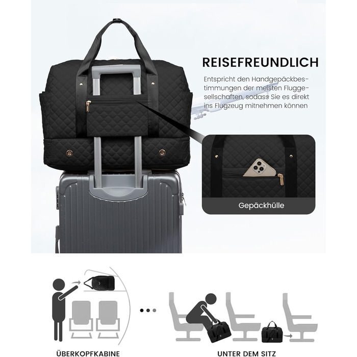 Спортивна сумка LOVEVOOK для жінок з відділенням для ноутбука, 40L, з відділенням для взуття. Ідеальна для подорожей, спортзалу, фітнесу та клініки. Чорний колір.