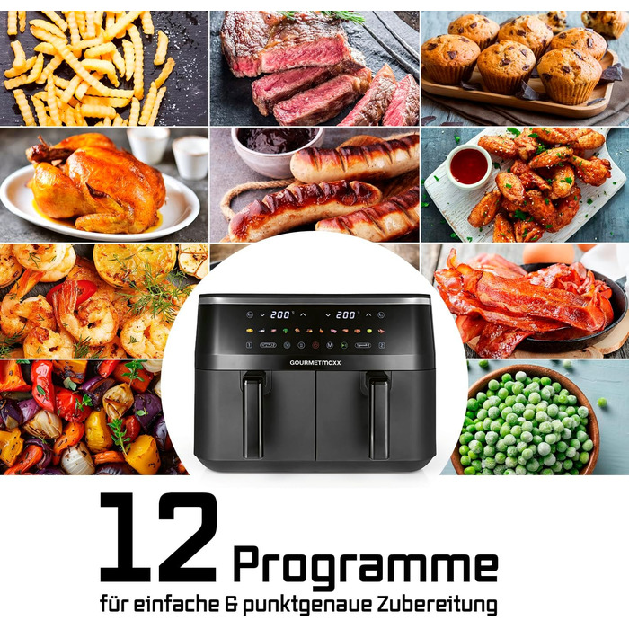 GOURMETmaxx Фрай-Ап Вертикальна Подвійна Камера Гарячого Повітря Фритюрниця | Вертикальний Airfryer | Складне Сенсорне Дисплей | 32% Економія Місця | Об'єм 10Л | Фритюрниця Гарячого Повітря 2 Камери (Чорний, 9 Літрів (2x 4,5Л))