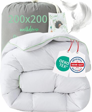 Пухова ковдра Welldora Komfort 200x200 для зими | 100% гусячий пух та перо | Безпечна для алергіків, Oeko-Tex, перевірена лікарями | Сертифікована за принципами захисту тварин | Тепла зимова ковдра 200x200 см