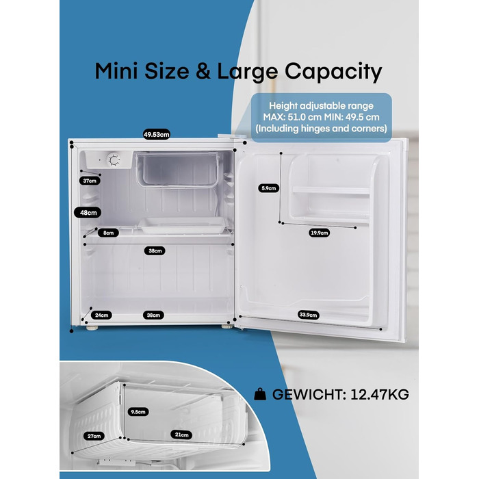 Міні-холодильник E 46L з морозильною камерою, енергоощадний, регулювання температури, білий
