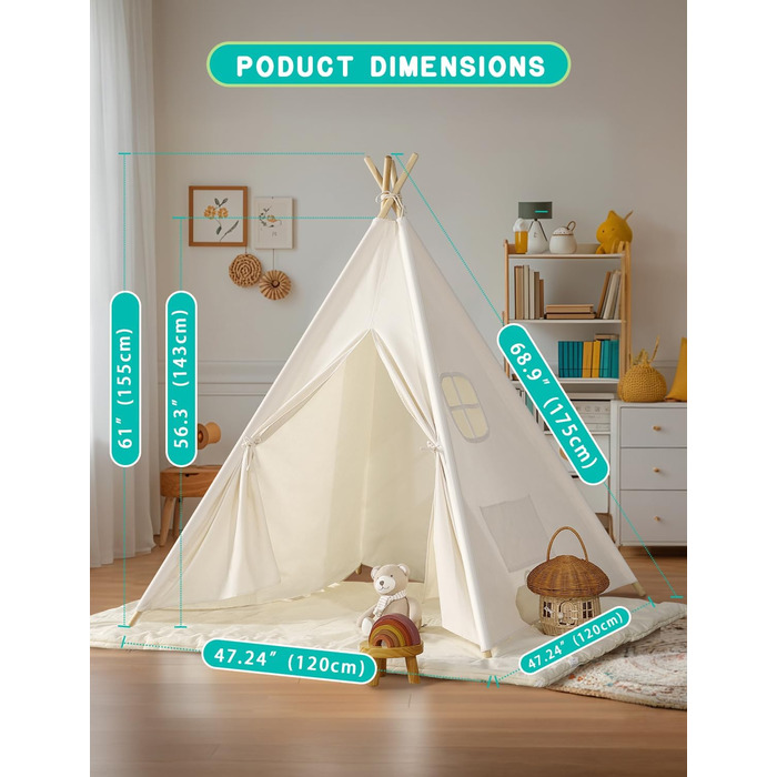 Дитяче намет Wilwolfer Tipi: намет-типі, ігровий будиночок для дітей, сумка для зберігання, полотняний намет для гри в приміщенні та на вулиці