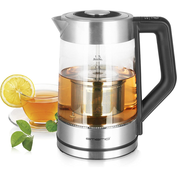 Електричний чайник Emerio WK-122248 з боросилікатного скла, 1.7л, чорний/срібний, з автоматичним ситом, регулювання температури, 2200 Вт
