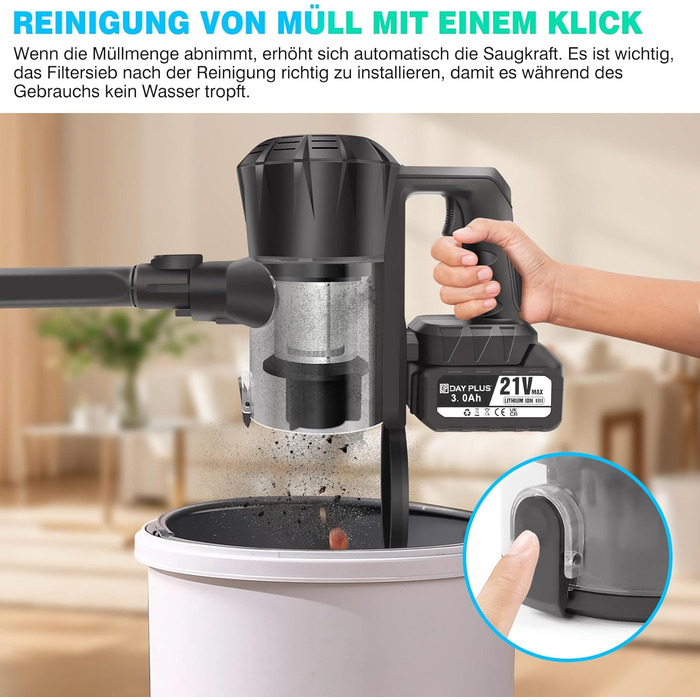 Бездротовий вертикальний пилосос 15kpa з HEPA-фільтром, ручний пилосос з LED-підсвічуванням та 2 батареями (3000mAh)